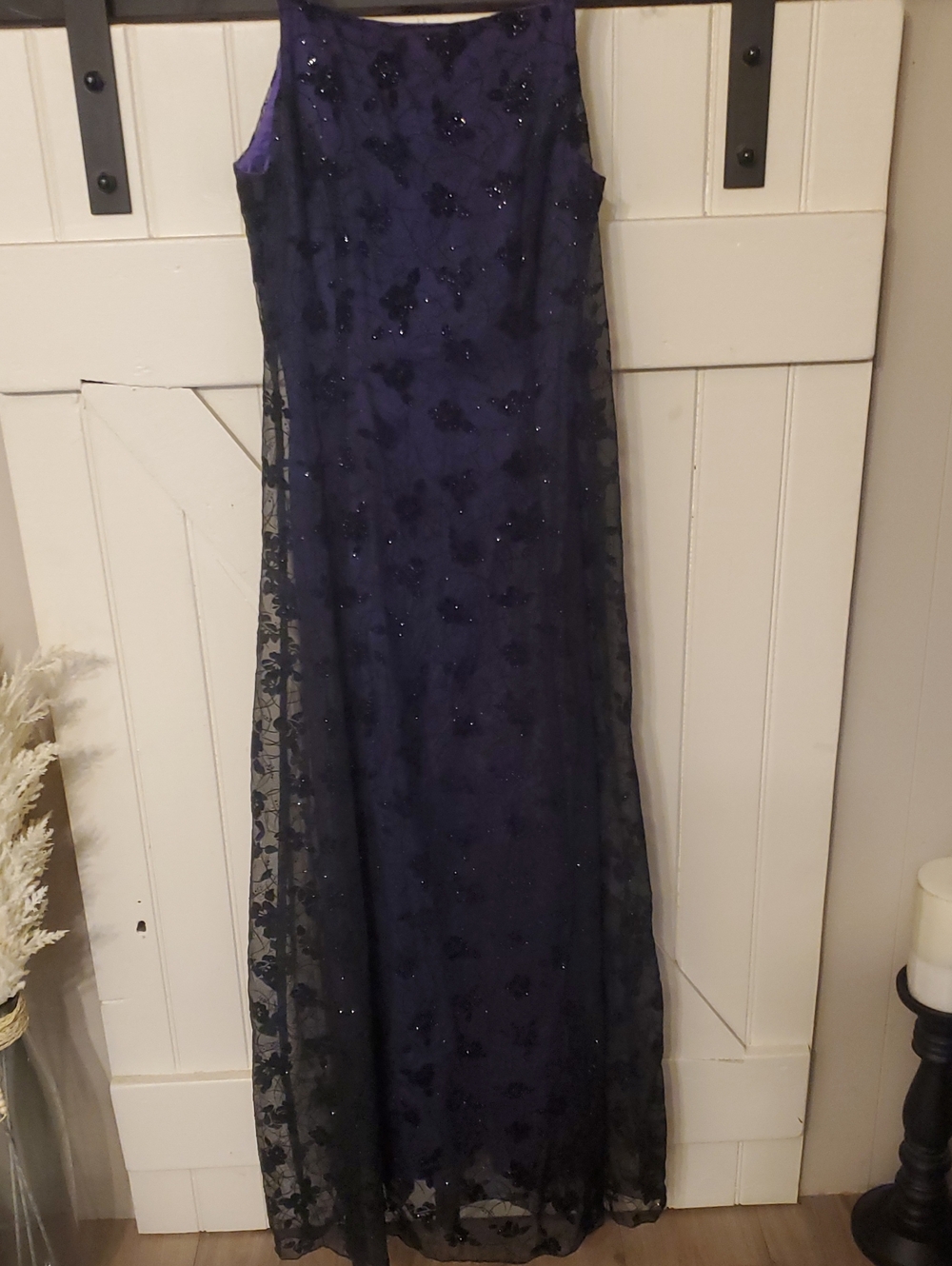Elegant Purple Evening Dress with Black Sparkle Overlay.